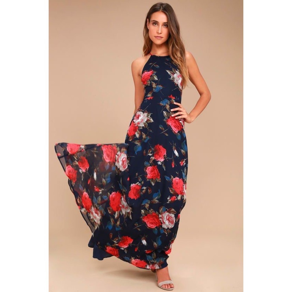 Lulu’s Navy Blue Floral Print Lace-Up Maxi Dress